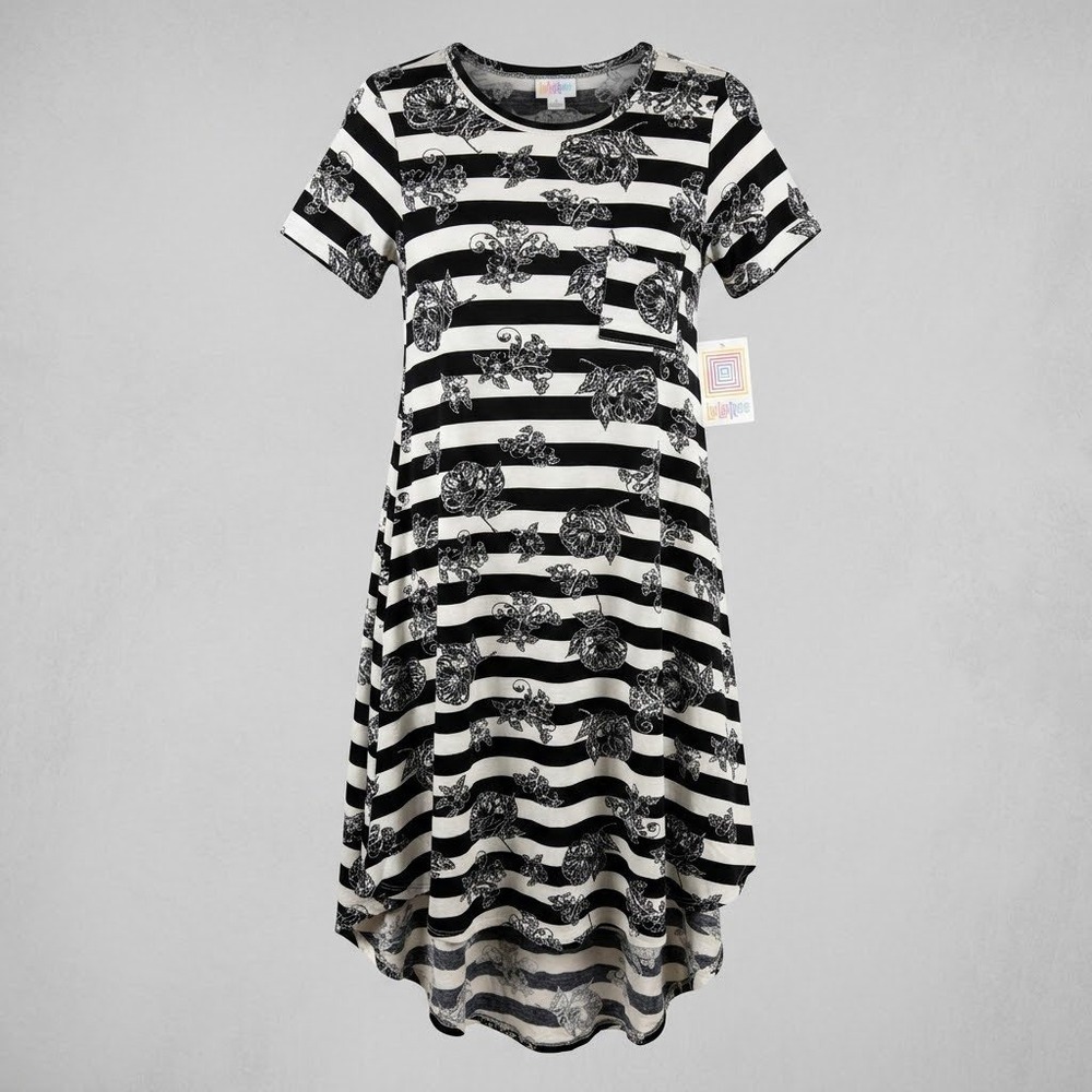 LuLaRoe Carly Dress XXS Black White Striped Floral High Low Short Sleeve NWT
